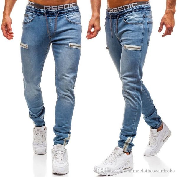 

брюки мужские модные джинсы мужские джинсы дизайнерские сплошной цвет осени вскользь сыпучие спорт zipper кулиской карандаш, Blue