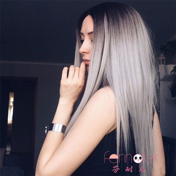 European And American Wigs Female Black And Gray Gradient