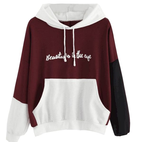 

hoodies women sweatshirt wild casual letter printed color patchwork hooded sweatshirt long sleeve pocket pullover 2019, Black