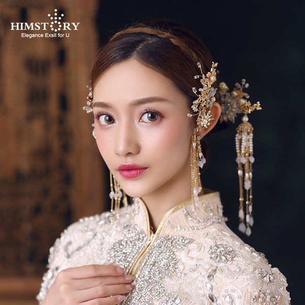 

chinese style traditional bridal headdress wedding hair accessories gold color haircombs hairstick bride wedding hair accessory, Golden;white