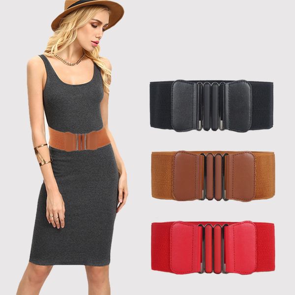 

women waist belt cummerbund waistband women wide pu leather elastic waistband elastic belt square buckle black dress decorate, Black;brown