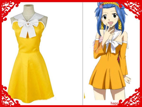

anime fairy tail cosplay costume levy mcgarden yellow dress ing, Black;red