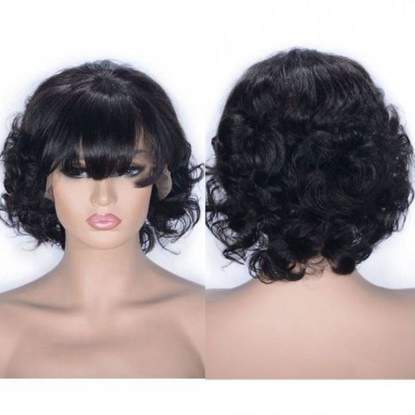 

malaysian curly hair lace front wig with bangs natural color human hair lace wigs pre plucked hairline for women, Black;brown