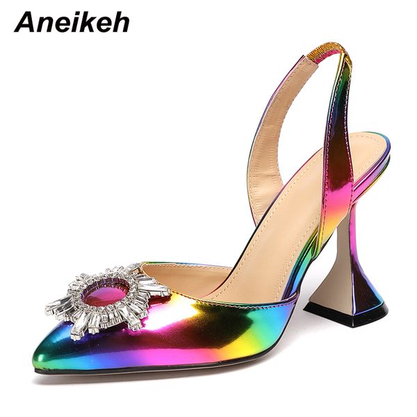 

aneikeh colour pu fashion women heeled sandals pointed toe rhinestone sun flower spike heels high heel ladies shoes rome party, Black