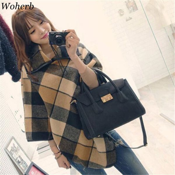 

woherb elegant turn-down collar cloak women autumn winter coat 2019 korean vintage plaid print capes coats female poncho cape, Black