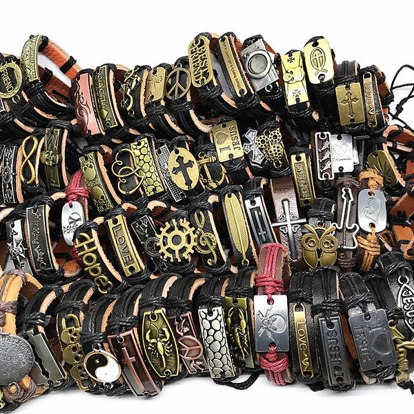 

100pcs/lot mix styles identification metal leather punk jesus cross handmade bracelets men's women's jewelry brand new wholesale d, Black