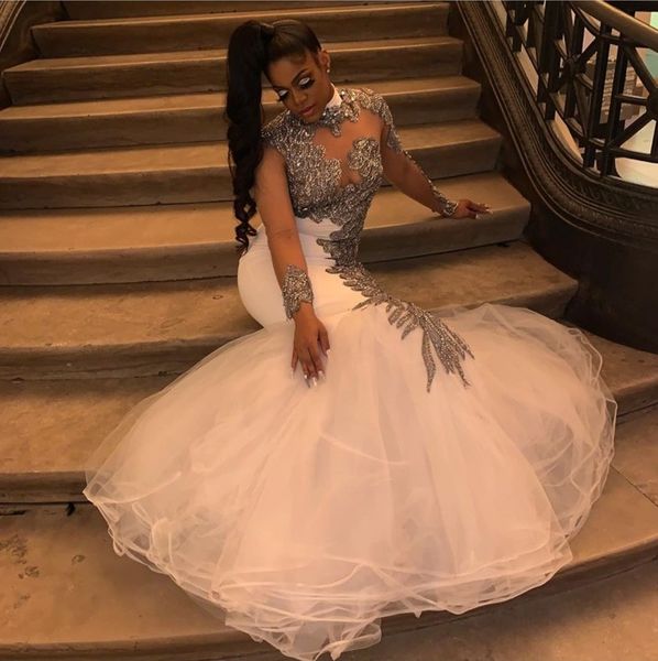 

african black girls mermaid prom dresses 2020 new sheer long sleeve appliques sequins ruched tulle long evening gowns vestido de gala