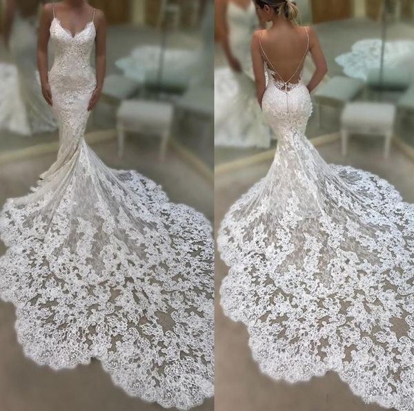 

2020 new spaghetti straps boho mermaid wedding dresses lace applique sleeveless illusion backless african plus size formal bridal gowns, White