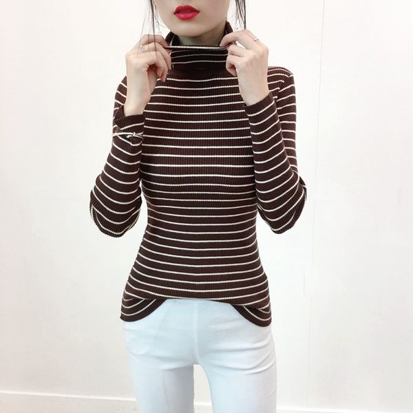 

fashion sweater female 2019 new autumn winter korean casual knitted turtleneck striped chic long sleeve silm jumper pullover, White;black