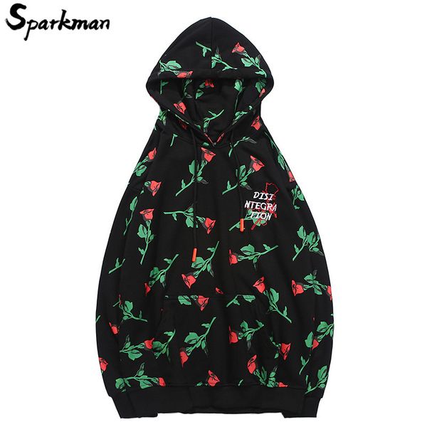 

red rose print hoodies pullover men hip hop harajuku floral hoodie sweatshirt streetwear embroidery letters cotton autumn 2018, Black