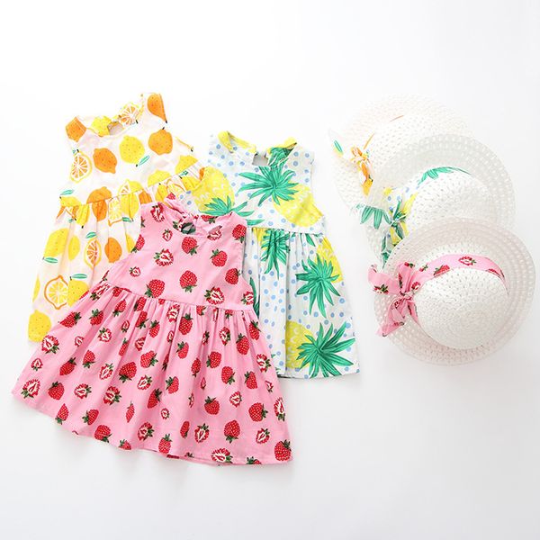 

toddler baby kids girl summer fruit princess dresses hat casual outfits set lovely roupas infantis menina meisjes kleding costum, Red;yellow