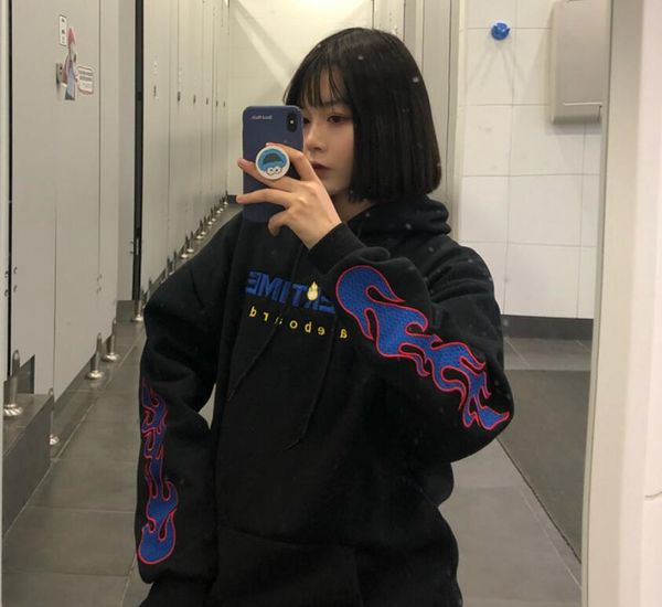

autumn and winter letter embroidery loose hooded sweatshirt, Black