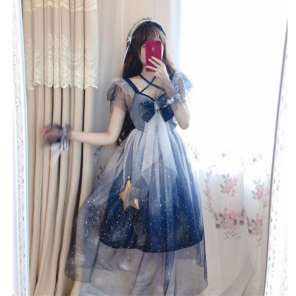 

gorgeous starry sky sweet lolita dress grenadine fairy bowknot flying sleeve victorian dress kawaii girl gothic lolita op loli, Black;red