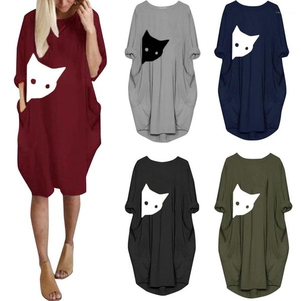 

clothing animal print womens casual dresses loose panelled autumn womens dresses casual pocket long sleeve womens, Black;gray