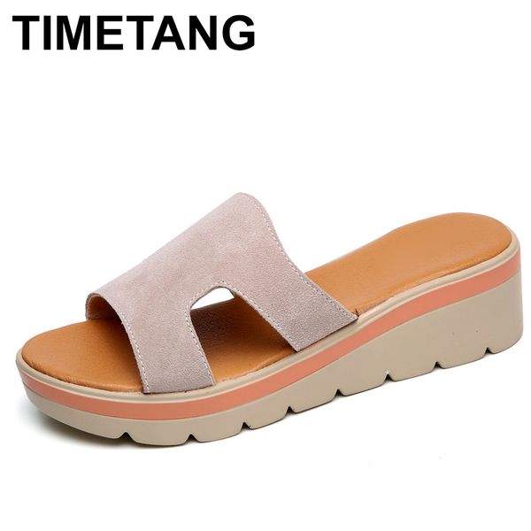 

timetangwomen's summer slippers flat platform sandals beach shoes round toe shoes slippers genuine leather suede flip flopse045, Black