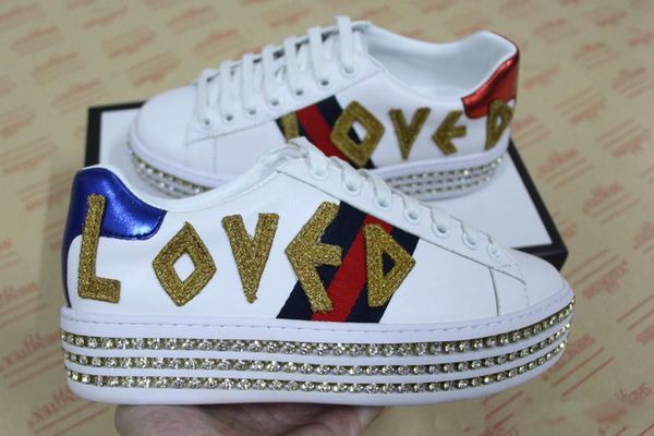 

2019 Special Designer Shoes For Lover Womens Platform White Leather Bee Loved Embroidery Casual Shoes Ladies Outdoor Trainers Sneakers