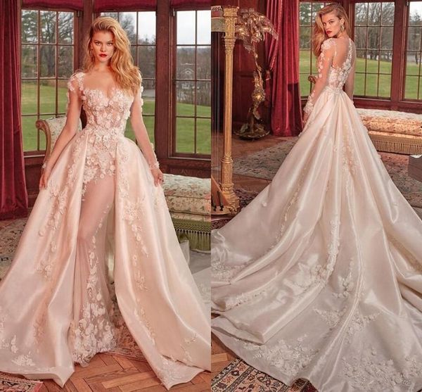 

потрясающие sheer кружева атласная memarid свадебные платья с съемные поезд new sexy шеи длинным рукавом аппликация арабский дубай свадебные, White