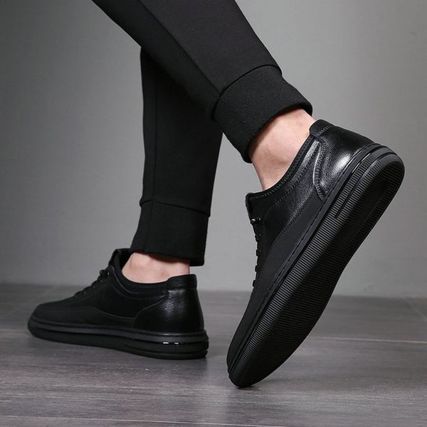 

genuine leather fashion white lace-up leather shoes flats zapatillas hombre mens casual sneaker shoes a52-52, Black