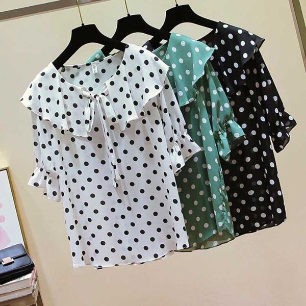 

diorobben 2020 fashion summer blouse polka dot printed short sleeve womans loose casual plus size shirts women clothes, White