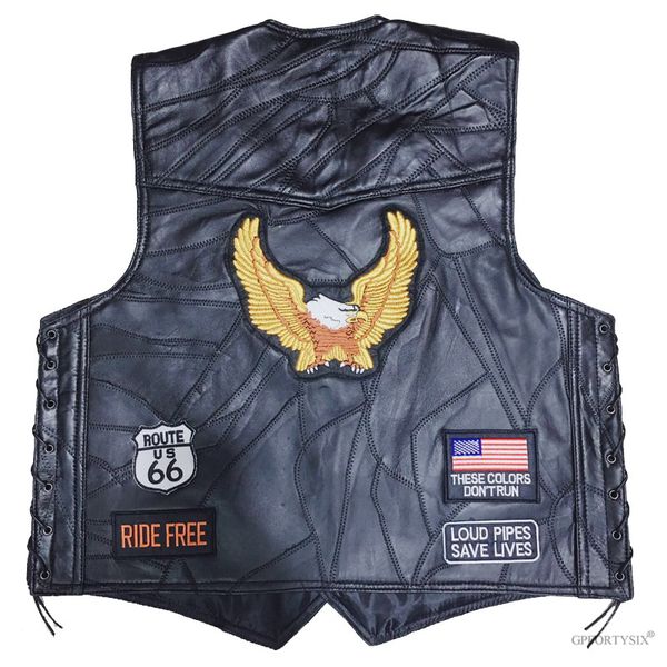 

mens retro motorcycle leather waistcoat classical patches motorcycle sleeveless jacket us flag eagle embroidery leather vest