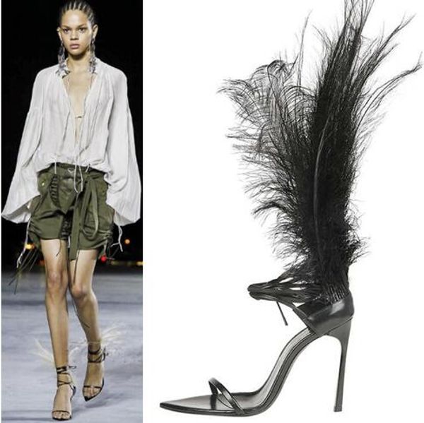

plumed runway shoes summer t-tied buckle strap stiletto high heels fetish shoes multicolor feather sandals women, Black