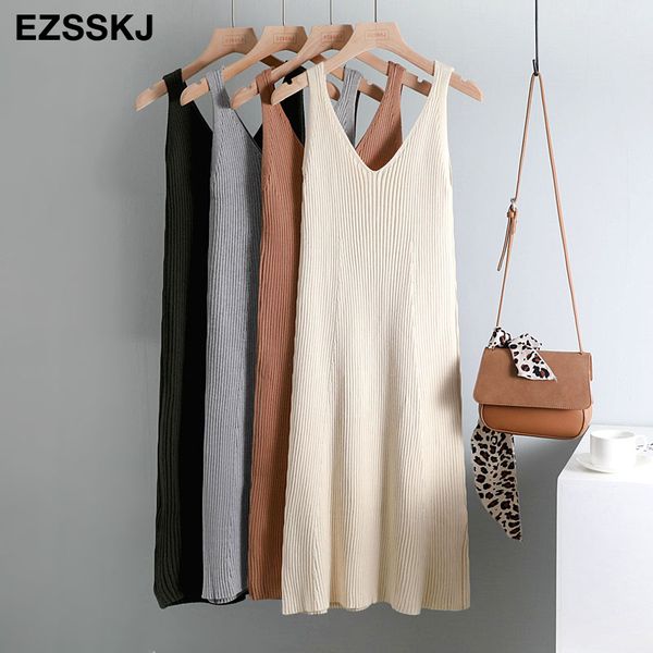 

autumn winter woman thick knit tank dress casual sleeveless sweater dress camisole female v-neck camis sweater dress, Black;gray