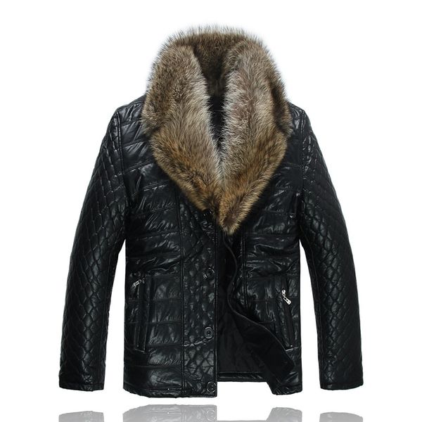 

winter down coats mens leather down jackets raccoon fur hoodies thickening warm outerwear overcoat male large size clothes snow, Black