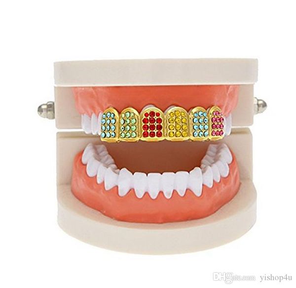 

new 14k gold plated hip hop bling bling teeth fangs grillz caps grill rapper colorful zircon set christmas party gift, Black