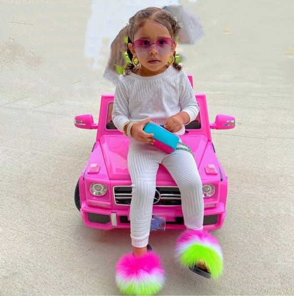 

kids real hair slippers plush furry real fur slippers 2020 casual boys slides summer shoes girls flip flops child sandals, Black;red
