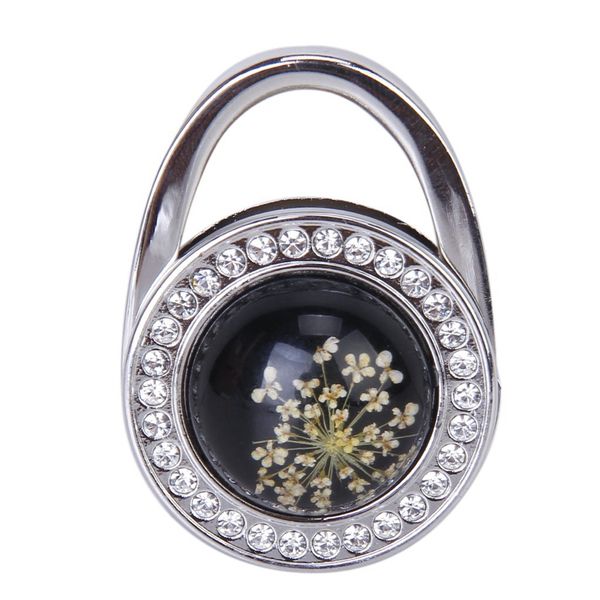 

pressed-flower pattern round rhinestone handbag folding hanger hook (black
