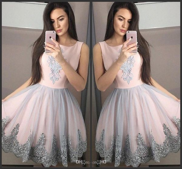 

new appliques a line homecoming dresses blush pink gray crew neck sleeveless knee length women party prom cocktail dresses cheap, Blue;pink