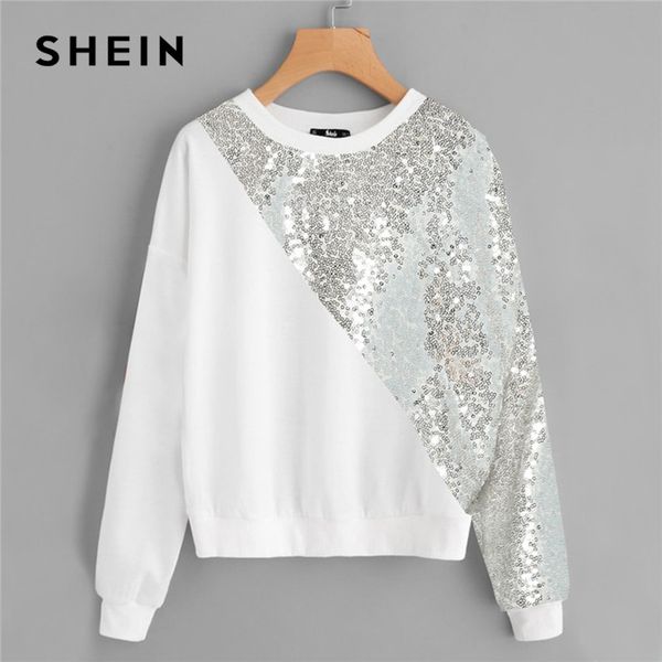 

white plus size drop shoulder preppy style asymmetrical sequin panel women sweatshirt long sleeve autumn casual pullovers, Black