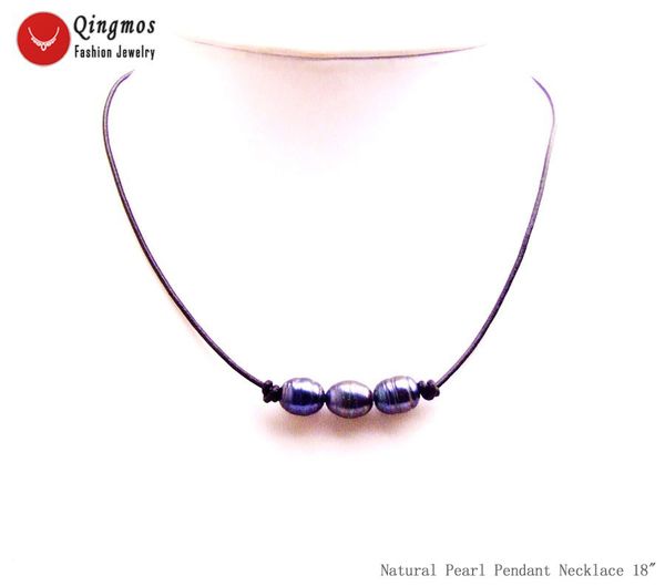 

qingmos fashion 10-11mm rice natural freshwater black pearl pendant necklace for women with genuine leather 18" chokers ne6584, Silver