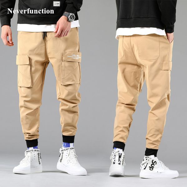 

men new multi-pocket embroidery harajuku smooth fabric casual cargo pants autumn streetwear elastic waist joggers sweatpants, Black