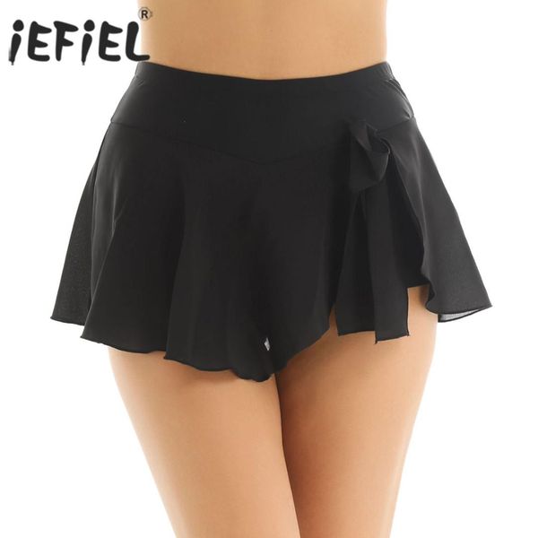

women adults dance mini chiffon short skirt professional ballet dancewear with built-in briefs gymnastics ice skating skirt, Black;red