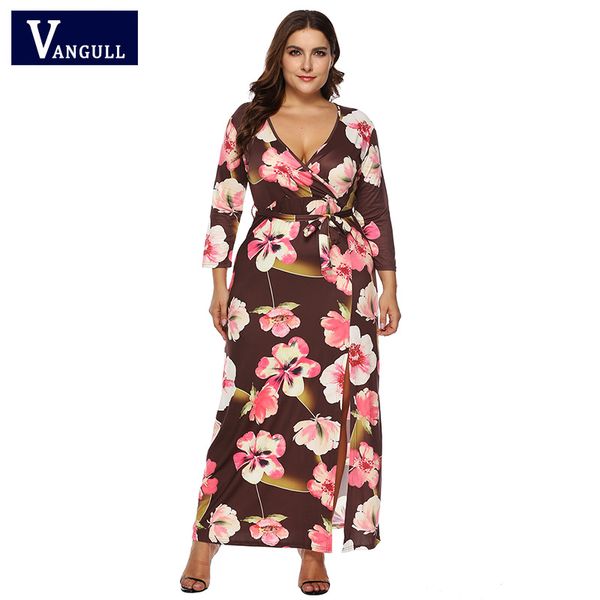 

vangull women dress plus size dress long floral print v neck sashes retro maxi dresses 2019 new fashion vestido mujer, Black;gray