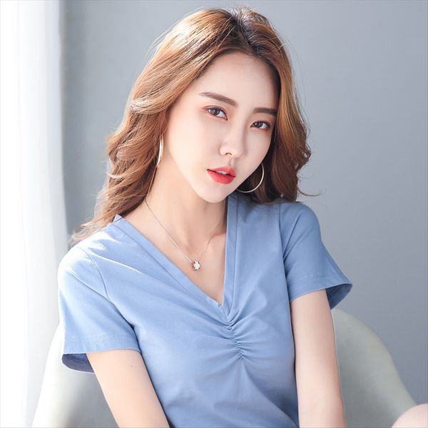 

2020 hipster cotton v-neck pleated slim short-sleeved t-shirt female 2020 hipster cotton v-neck pleated slim short-sleeved t-shirt f, White