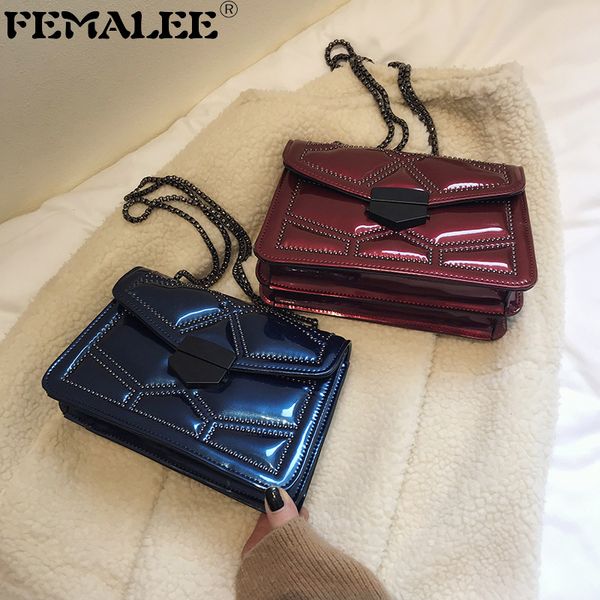 

new women patent pu leather chains shoulder bag rivet handbags female fashion crossbody messenger bags large capacity casual bag