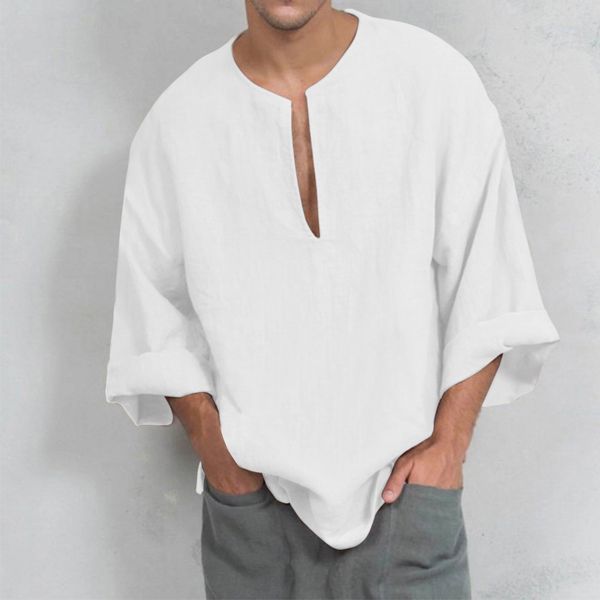 

plus size autumn men shirt solid simple men's baggy casual shirt long sleeve v-neck male tee shirts men blouses, White;black