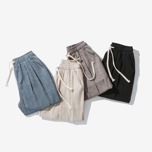 

string elastic waistband pocket loose cotton linen summer ankle length pant japanese men korean woman casual trouser plus size, Black