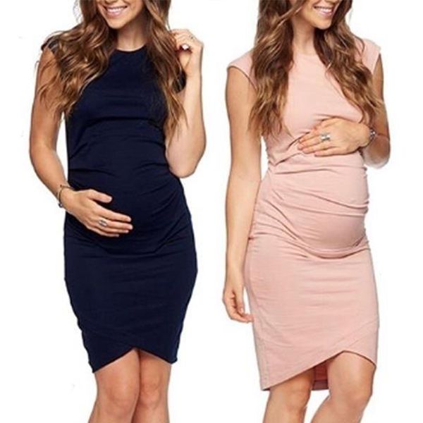 

women maternity dress short sleeve pure color side ruching casual knee length pregnant dress soft mama pregnancy clothing, White