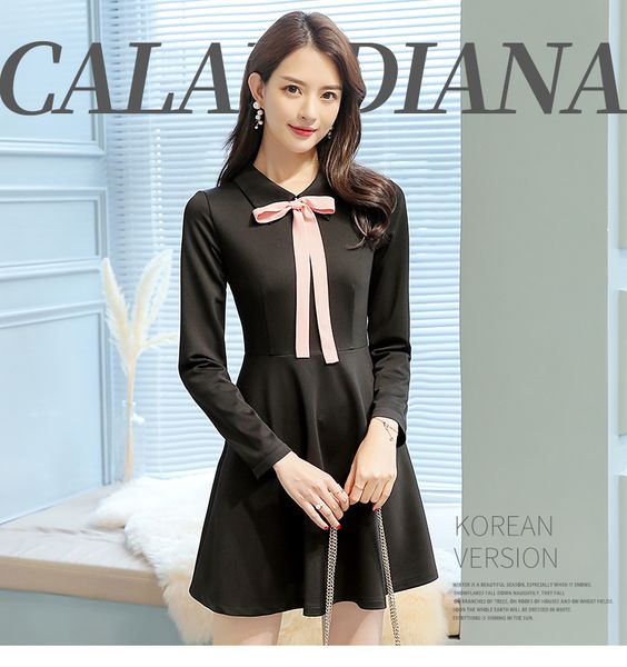 

увядание черных женщины с длинным рукавом pure color leisure платье, Black;gray