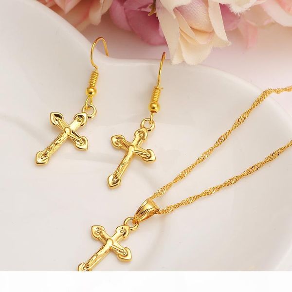 

special design christian vogue true real 24k solid fine gold gf crucifix cross timeless charm earrings pendant chain set, Silver