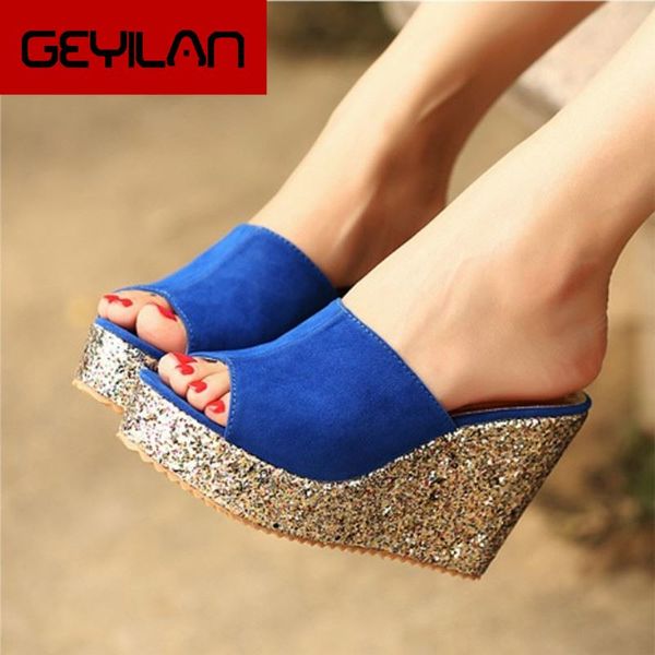 

2020 fashion sequins high heel slippers women summer shoes suede platform sandals ladies wedges sandals flip flops, Black