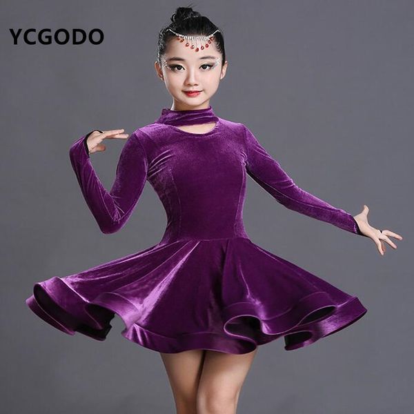 

children girl wine velvet latin dresses gymnastics dancewear competition dancing costume child ballroom dance dress for girls, Black;red