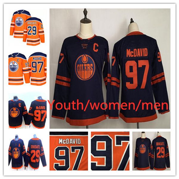 

kids lady male 97 connor mcdavid jersey 2019-20 edmonton oilers 29 leon draisaitl youth women men hockey jersey third 50th navy home orange, Black;red