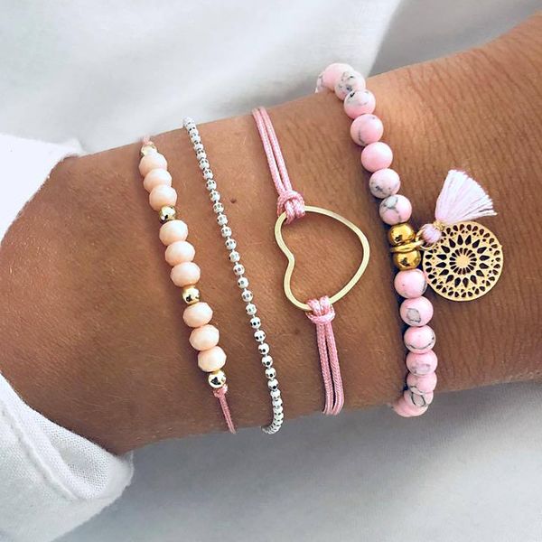 

4 pcs/set multilayer bohemian handmade pink crystal beads bracelets for women vintage fashion heart tassel bracelet jewelry gift, Golden;silver