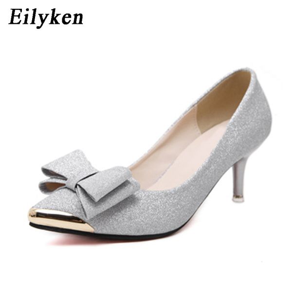 

eilyken women pumps high heels 2020 new spring/autumn bowknot pointed stiletto work shoes sequins shoe black gold silver