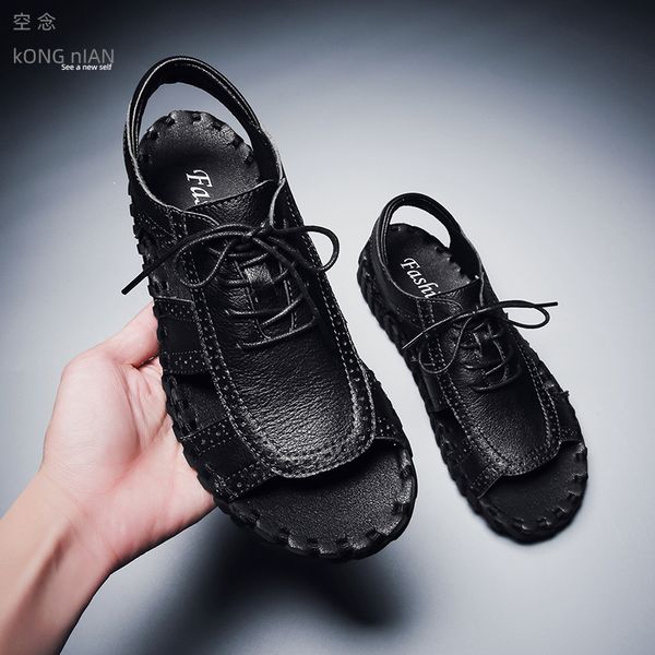 

2020summer men's genuine leather gladiator sandals daily outdoor black beach rome sandals hard-wearing men's casual rubber