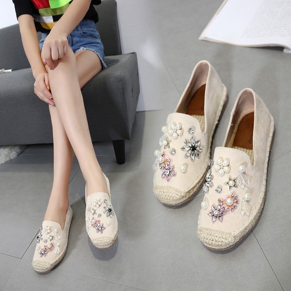 

luxury pearl knit fisherman creeper women shoes hand-sewn beading espadrilles flats new crystal lazy loafer antiskid moccasins, Black